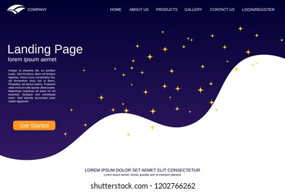 Website landing page vector template. Cartoon night sky background for webpage, banner and application