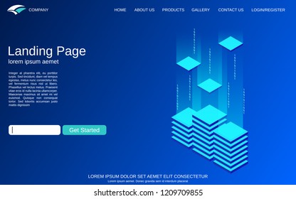 Website landing page vector template. Blue background with digital technology isometric concept illustration. Design for webpage, banner and application
