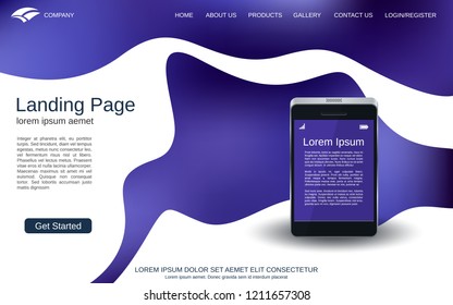 Website landing page vector template. Abstract vector background with smartphone realistic icon for webpage and application