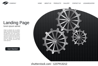 Website landing page vector template. Black carbon background with metallic  cogwheels illustration