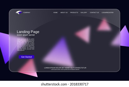 Website landing page vector template. Black background with colorful triangles for webpage and application with glassmorphism effect