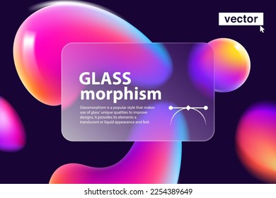 Website-Landing-Page Vektorvorlage im Glassmorphismus Stil mit schwimmenden Formen. Mehrfarbige, lebendige Regenbogengrafik. Horizontaler Präsentationsbildschirm mit mattem Overlay-Effekt auf Flüssigkugeln.