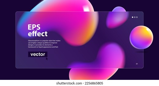 Website landing page vector template in glassmorphism style with floating shapes. Multicolor vivid rainbow illustration. Horizontal presentation screen with matte overlay effect on liquid spheres.