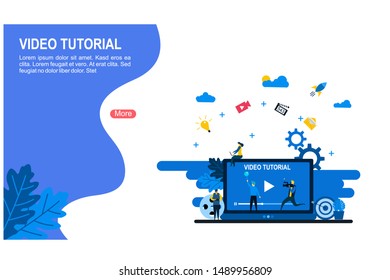 Website or landing page vector. Video tutorial,flat style with Tiny People Character Concept Vector Illustration, Suitable For Wallpaper, Background, Card, banner,Book Illustration, Web Landing Page
