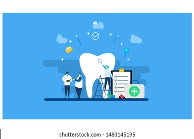 Website or landing page vector.Dental clinic care with Tiny People Character Concept Vector Illustration, Suitable For Wallpaper, Background, Card, banner,Book Illustration, Web Landing Page