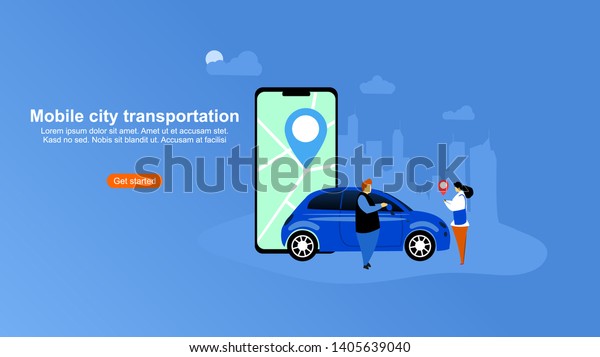 Website or landing page vector.flat design with\
pictures of people, cars and telephones,can be use for, landing\
page, website, mobile app, poster, flyer, gift card, smartphone\
template, web design