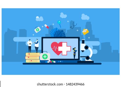 Website or landing page vector.Online heathcare with Tiny People Character Concept Vector Illustration, Suitable For Wallpaper, Background, Card, banner,Web Landing Page