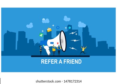 Website or landing page vector.Refer a friend Tiny People Character Concept Vector Illustration, Suitable For Wallpaper, Banner, Background, Card, Book Illustration, Web Landing Page