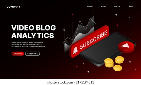 Website Landing Page for Video Blog Analytics. Vector illustration