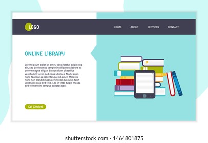 Website landing page, web page, banner of online library, education and knowledge, learning. Vector Illustration
