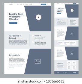 Website landing page wireframe design for business. One page site layout template. Modern flat UX/UI site development. Responsive cool website design concept.