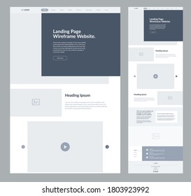 Website landing page wireframe design for business. One page site layout template. Modern flat UX/UI site development. Responsive cool website design concept.