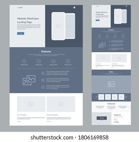 Diseño de wireframe de la página de aterrizaje del sitio web para empresas. Plantilla de diseño de sitio de una página. Moderno desarrollo de sitio UX/UI plano. Diseño de sitio web interesante y reactivo.