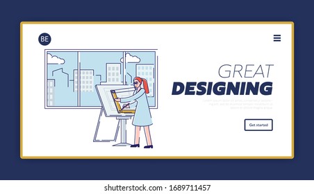 Website Landing Page. Woman Creative Architect Is Drawing New Architectural Project Using Professional Drawing Desk And Scale Ruler. Web Page Cartoon Linear Outline Flat Style. Vector Illustration