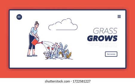 Website Landing Page. Woman Is Gardening, Watering Flowers With Watering Can. Female Character Is Working On Flower Bed On Farm Or Home. Web Page Cartoon Linear Outline Flat Style Vector Illustration