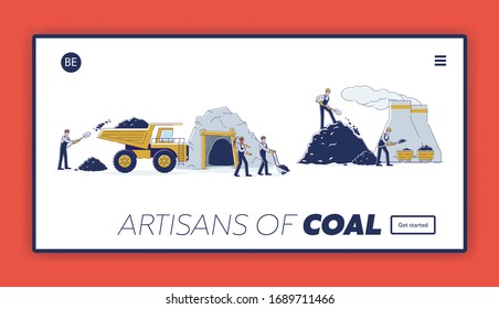Website Landing Page. Work Crew Is Mining Coal Together By Means Equipment And Transport For The Further Delivery To The Thermal Power Plant. Web Page Cartoon Linear Outline Flat Vector Illustration