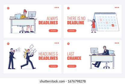 Website Landing Page Work Process In Office With Fast Working Staff. Angry Leaderships Are Shouting At Employees To Follow Deadlines. Cartoon Linear Outline Flat Vector Illustration