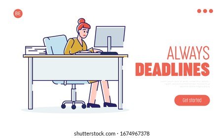 Website Landing Page. Working Process In The Office With Female Working On The Computer. Woman Working Very Hard To Follow Deadlines. Cartoon Linear Outline Flat Style. Vector Illustration