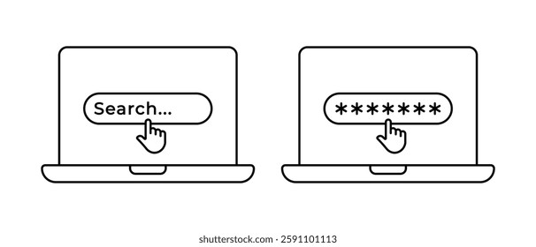 Website laptop icon vector set. Search button with pointer clicking symbol