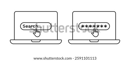 Website laptop icon vector set. Search button with pointer clicking symbol