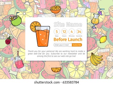 Website Launch Countdown Page Summer Fruit Juice Smoothie Food Doodles Icons and Symbols Background Vector Art Illustration