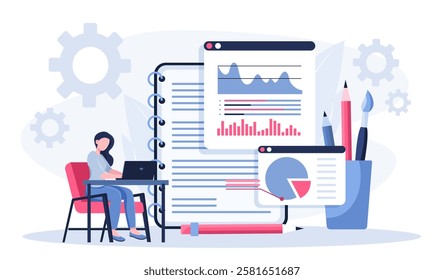 Website layout concept. Woman with laptop sitting near graphs and charts. Webpage creating and developing. Traffic analysis and user behavior. SEO specialist at workplace. Flat vector illustration