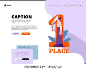 Website layout, design. Template for landing page. First place concept. Woman handing a medal, a symbol of victory, success. Laurels, minimalistic concept, geometric pattern, character with big hands