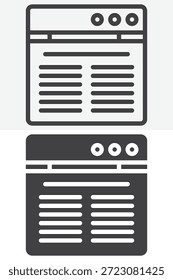 Website-Layout verschiedenen Stil Symbol mit Browser-Fenster. Reinigen Sie Linie, Umriss und durchgezogenes Symbol editierbares Strichvektorzeichen und Symbol für das Website-Symbol.