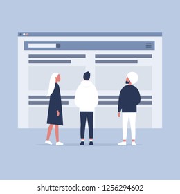 Website layout. Diversity. Group of Characters looking at the browser tab. New technologies. Flat editable vector illustration, clip art