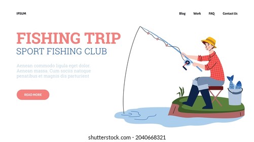 Website layout for fishing trip or sport fishing club, vector cartoon illustration. Landing page template with cartoon character of fisherman catching fish in nature.