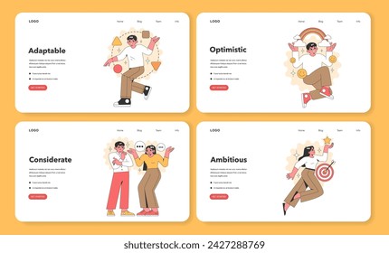 A website layout with lively vector illustrations depicting positive traits: adaptability, optimism, consideration, and ambition, perfect for engaging users.