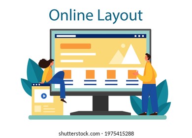 Website layout online service or platform. Web development, mobile app design and optimization. People building user interface template. Online layout. Flat vector illustration