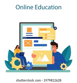 Website layout online service or platform. Web development, mobile app design and optimization. People building user interface template. Online education. Flat vector illustration