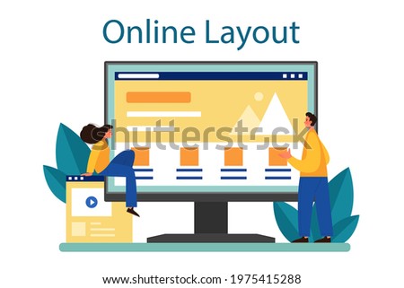 Website layout online service or platform. Web development, mobile app design and optimization. People building user interface template. Online layout. Flat vector illustration