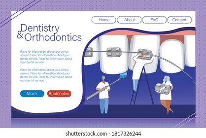 Website layout for an orthodontic or dental clinic, dental alignment services with braces. Flat vector stock illustration with orthodontists, teeth, jaw and braces as template for internet