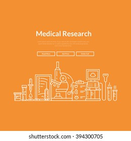 Diseño de Sitio web para laboratorio de investigación, hospital o centro de chequeo. Concepto de Imagen de héroe para sitio médico.  Plantilla de página de Vector con símbolos médicos.