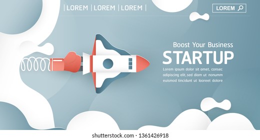Website layout with start up concept in paper cut, craft and origami style. Rocket fly on blue sky with cloud. Template design for web banner, poster, cover, advertisement. It's art craft for kids.