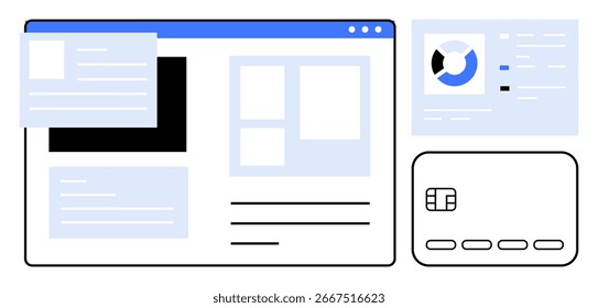 Website layout with text boxes, images, and credit card next to pie chart and analytics. Ideal for web design, financial tech, online payments, user interface, data analysis, digital marketing