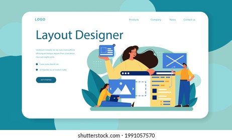 Website layout web banner or landing page. Web development, mobile app design and optimization. People building user interface template. Computer technology. Flat vector illustration