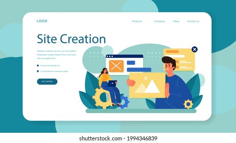 Website layout web banner or landing page. Web development, mobile app design and optimization. People building user interface template. Computer technology. Flat vector illustration