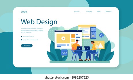 Website layout web banner or landing page. Web development, mobile app design and optimization. People building user interface template. Computer technology. Flat vector illustration