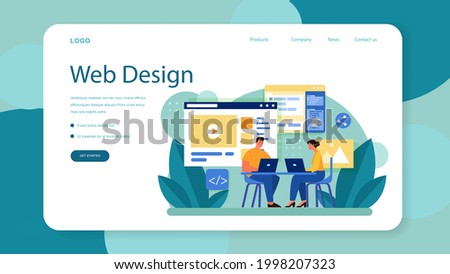Website layout web banner or landing page. Web development, mobile app design and optimization. People building user interface template. Computer technology. Flat vector illustration