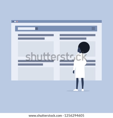 Website layout. Young black female character looking at the browser tab. New technologies. Flat editable vector illustration, clip art