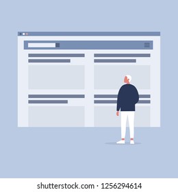 Website layout. Young character looking at the browser tab. New technologies. Flat editable vector illustration, clip art