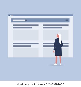 Website layout. Young female character looking at the browser tab. New technologies. Flat editable vector illustration, clip art