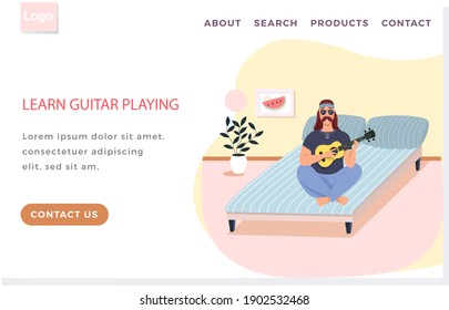 Website with learn guitar playing. Bard with ukulele in hands. Musician uses stringed instrument. Landing page template. Playing acoustic guitar. Guitarists perform music. Guy on couch creates melody