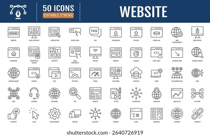 Website line editable icon set. Containing web design,
internet, content, SEO, hosting, blog, homepage, e-
commerce and more. Vector illustration
