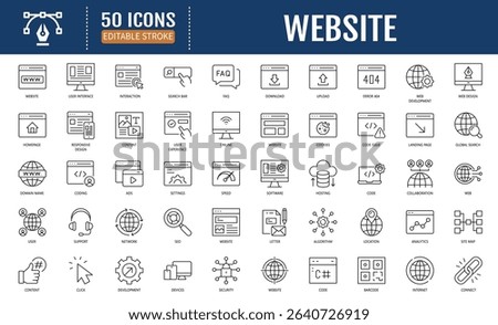 Website line editable icon set. Containing web design,
internet, content, SEO, hosting, blog, homepage, e-
commerce and more. Vector illustration