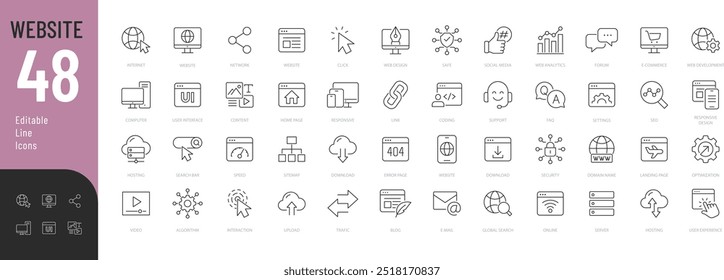 Conjunto de iconos editables de línea de Sitio web. Ilustración vectorial en línea delgada estilo moderno de iconos relacionados con Internet: contenido, alojamiento, interfaz de usuario y más. Aislado en blanco