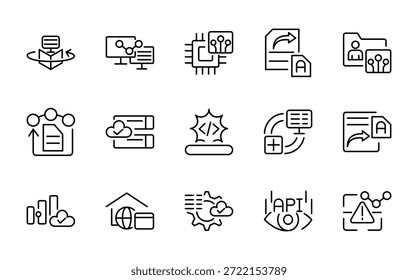 colección de icono de línea de Sitio web. Red de conexión, centro de datos, servicio digital, plataforma de base de datos, código, API, programación, App, conjunto de iconos de esquema de Vector de flujo